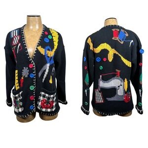 BellePointe Vintage Sewing Novelty Cardigan Sweater Black Ramie Cotton Small